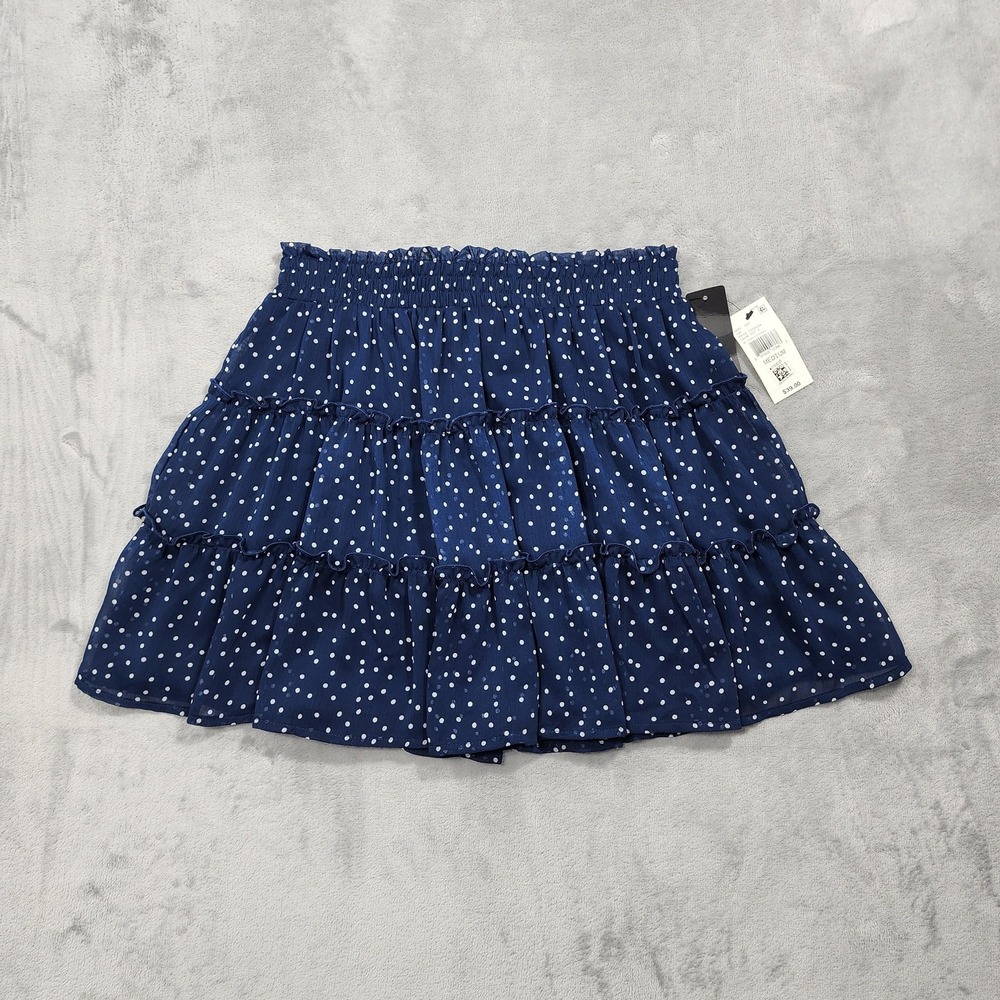 NEW BCX Skirt Womens M Blue Polka Dot Pull On‎ Tiered Ruffle Chiffon Skater Mini